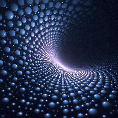 The primary subject of the image is a large, dark tunnel with a blue light illuminating it. The tunnel is filled with a pattern of blue and white dots, creating a visually striking and unique atmosphere. The setting is a black background, which contrasts with the blue light and dots, emphasizing the tunnel's depth and intricacy. The visual style of the image is a combination of digital art and illustration, with the dots and light creating a dynamic and captivating scene. The colors and mood